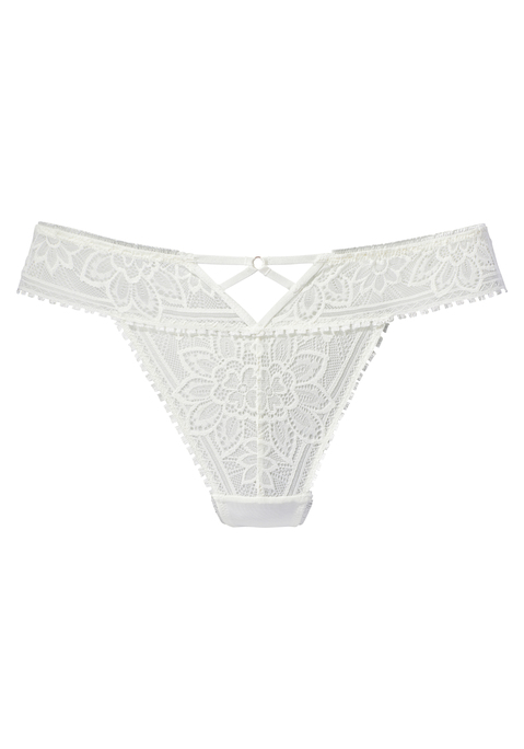 Bild: String von LASCANA: Verführerischer String mit edlem Cut-Out in der vorderen Mitte. Aus floraler Jacquardspitze und dezent transparentem Mesh. Mit eingearbeitetem Baumwollzwickel. Passende BHs aus der gleichen Serie erhältlich. Mit Spitze, die anteilig recyceltes Polyamid enthält. Aus 90% Polyamid, 10% Elasthan.