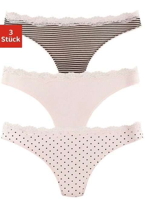 Bild: String von LASCANA: Lascana Strings im 3er-Pack. Mit zarter Spitze am Taillenbündchen. Flache Einfassungen an den Beinausschnitten. Aus weicher Baumwoll-Stretch-Qualität.