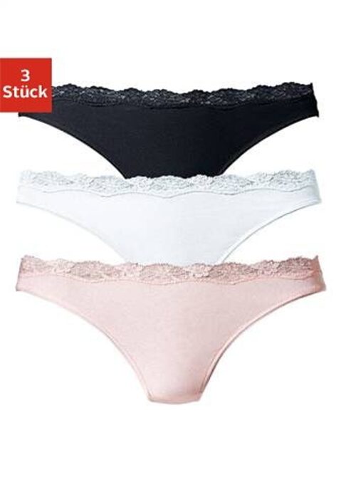 Bild: String von LASCANA: Lascana Strings im 3er-Pack. Mit zarter Spitze am Taillenbündchen. Flache Einfassungen an den Beinausschnitten. Aus weicher Baumwoll-Stretch-Qualität.