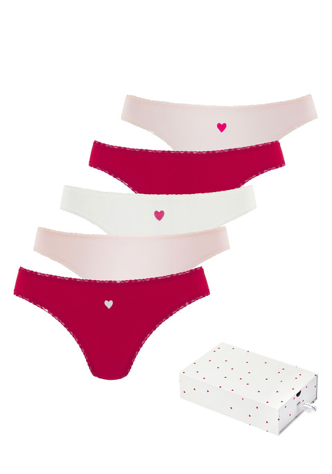 Bild: String von LASCANA: Strings im 5er-Pack von Lascana. In der Heart-Edition mit süßen Herzchen-Prints und Spitzendetails. Aus weicher, elastischer Baumwoll-Qualität.