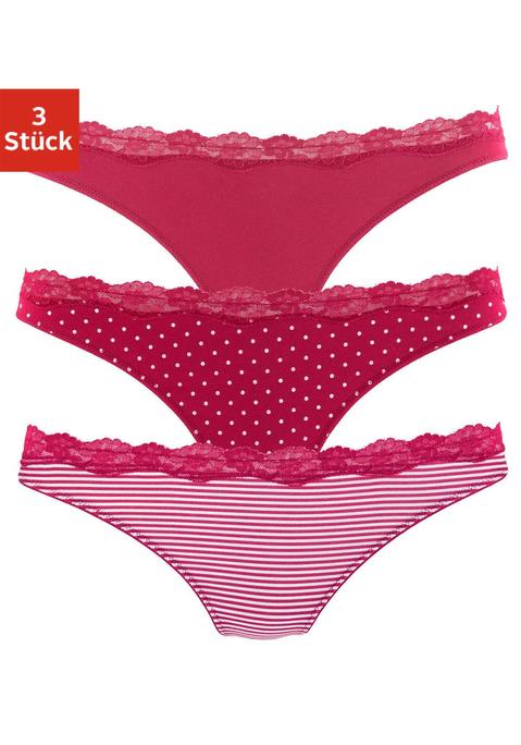 Bild: String von LASCANA: Lascana Strings im 3er-Pack. Mit zarter Spitze am Taillenbündchen. Flache Einfassungen an den Beinausschnitten. Aus weicher Baumwoll-Stretch-Qualität.