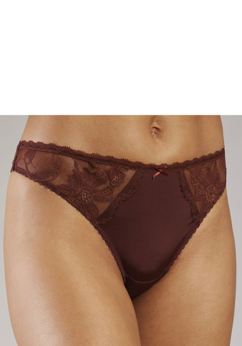 Bild: String von LASCANA: Eleganter String mit feiner Zierschleife in der vorderen Mitte. Aus seidig glänzendem, leichtem Material mit Einsätzen aus Eyelash-Jacquardspitze. Mit eingearbeitetem Baumwollzwickel. Passende BHs aus der gleichen Serie. Mit Liebe & Leidenschaft in Hamburg kreiert. Aus 88% Polyamid, 12% Elasthan.
