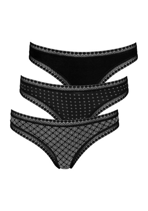 Bild: String von LASCANA: Lascana Strings im 3er-Pack. Mit grafischer Spitze an Taillen- und Beinabschlüssen. Allover bedruckt und uni in einer Packung. Aus weicher Baumwoll-Stretch-Qualität.