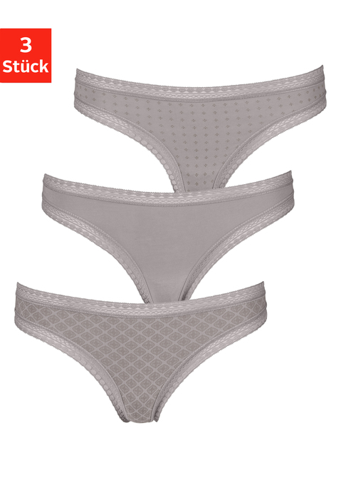 Bild: String von LASCANA: Lascana Strings im 3er-Pack. Mit grafischer Spitze an Taillen- und Beinabschlüssen. Allover bedruckt und uni in einer Packung. Aus weicher Baumwoll-Stretch-Qualität.