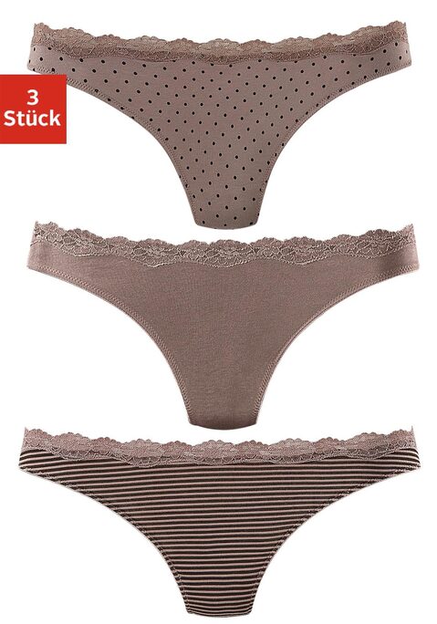 Bild: String von LASCANA: Lascana Strings im 3er-Pack. Mit zarter Spitze am Taillenbündchen. Flache Einfassungen an den Beinausschnitten. Aus weicher Baumwoll-Stretch-Qualität.