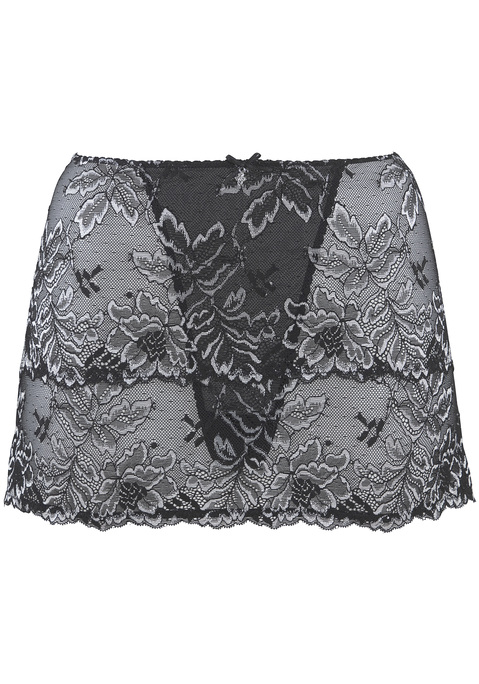 Bild: Stringrock von LASCANA: Verführerischer Stringrock mit hübschem Glitzeraccessoire und Zierschleife vorne mittig. Rundherum aus edler, floraler Spitze in dezent transparenter Optik. Im Spitzenrock ist ein feiner Mesh-String dezent eingearbeitet. Mit eingearbeitetem Baumwollzwickel. Mit Liebe & Leidenschaft in Hamburg kreiert. Aus 82% Polyamid, 9% Elasthan, 9% Viskose.