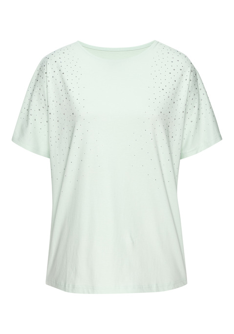 Bild: T-Shirt von LASCANA: T-Shirt von Lascana mit glitzernden Schmucksteinen auf der Vorderseite. Rundhalsausschnitt mit dezenter Blende. Überschnittene Schultern für eine moderne Silhouette. Locker fallende Passform. Vielseitig kombinierbar. Hochwertige Qualität.