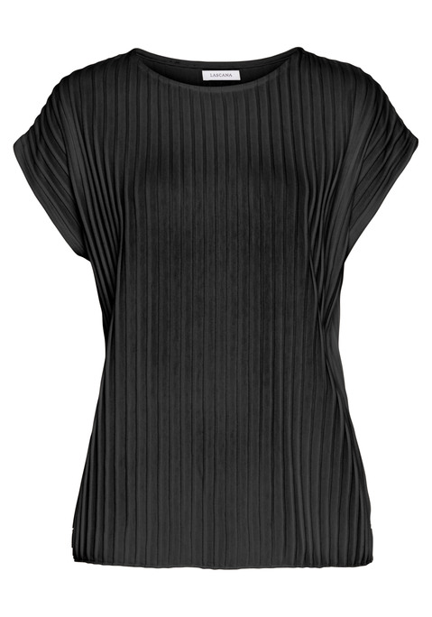 Bild: T-Shirt von LASCANA: Strickshirt von LASCANA aus Rippstrick mit kurzen, angeschnittenen Ärmeln. Länge ca. 62 cm. Aus 62% Polyester, 33% Viskose, 5% Elasthan.