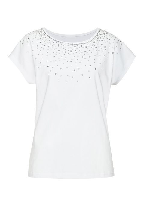 Bild: T-Shirt von LASCANA: Unifarbenes T-Shirt von Lascana mit glitzerndem Print auf der Vorderseite. Überschnittene Schultern und legere Passform für viel Bewegungsfreiheit. Ideal für Casual- und Party-Events, für Sommer und Strand. Angenehm zu tragen dank des Viskose-Baumwoll-Single-Jerseys.