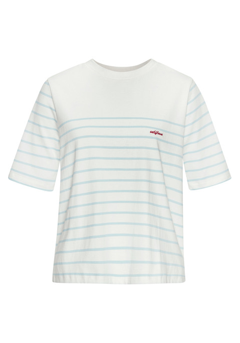 Bild: T-Shirt von LASCANA: Legeres Shirt von Lascana mit Streifenmuster. Kontrastfarbene Stickerei auf der Brust. Saum hinten länger geschnitten. Aus reiner Baumwolle.