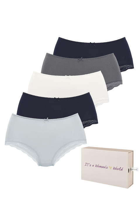 Bild: Taillenslip von LASCANA: Toller Taillenslip von Lascana im 5er-Pack. Bündchen mit Mäusezähnchenkante und kleiner Zierschleife vorn. Zarte Spitze am Beinausschnitt. Sitzt in der Taille. Mit schöner Aufbewahrungsbox. Weiche Baumwoll-Stretch-Qualität.