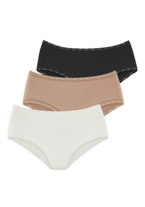 Bild: Taillenslip von LASCANA: Unifarbener Taillenslip von Lascana im praktischen 3er-Pack. Blümchenspitze am Bund und Beinausschnitt für einen femininen Look. Etwas höhere Leibhöhe. Komfortabler Single-Jersey mit Modal für ein weiches Tragegefühl.
