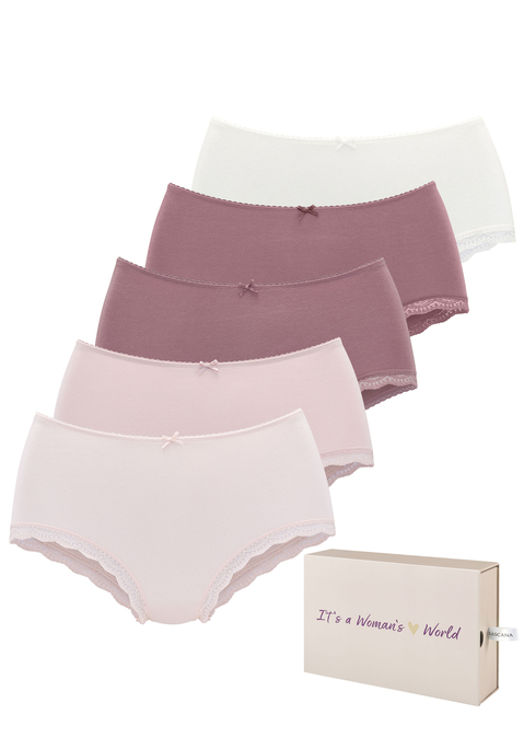 Bild: Taillenslip von LASCANA: Toller Taillenslip von Lascana im 5er-Pack. Bündchen mit Mäusezähnchenkante und kleiner Zierschleife vorn. Zarte Spitze am Beinausschnitt. Sitzt in der Taille. Mit schöner Aufbewahrungsbox. Weiche Baumwoll-Stretch-Qualität.
