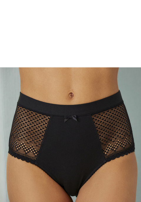 Bild: Taillenslip von LASCANA: Femininer High-Waist-Slip aus Bio-Baumwolle. Seitliche Mesheinsätze in graphischer Optik. Mit eingearbeitetem Baumwollzwickel. Passende BH's aus der gleichen Serie erhältlich. Obermaterial: 79% Baumwolle, 15% Polyamid, 6% Elasthan.