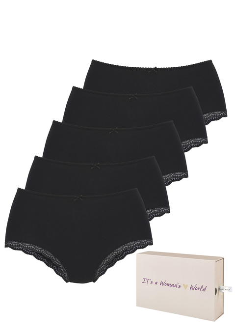 Bild: Taillenslip von LASCANA: Toller Taillenslip von Lascana im 5er-Pack. Bündchen mit Mäusezähnchenkante und kleiner Zierschleife vorn. Zarte Spitze am Beinausschnitt. Sitzt in der Taille. Mit schöner Aufbewahrungsbox. Weiche Baumwoll-Stretch-Qualität.