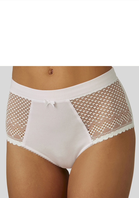 Bild: Taillenslip von LASCANA: Femininer High-Waist-Slip aus Bio-Baumwolle. Seitliche Mesheinsätze in graphischer Optik. Mit eingearbeitetem Baumwollzwickel. Passende BH's aus der gleichen Serie erhältlich. Obermaterial: 79% Baumwolle, 15% Polyamid, 6% Elasthan.