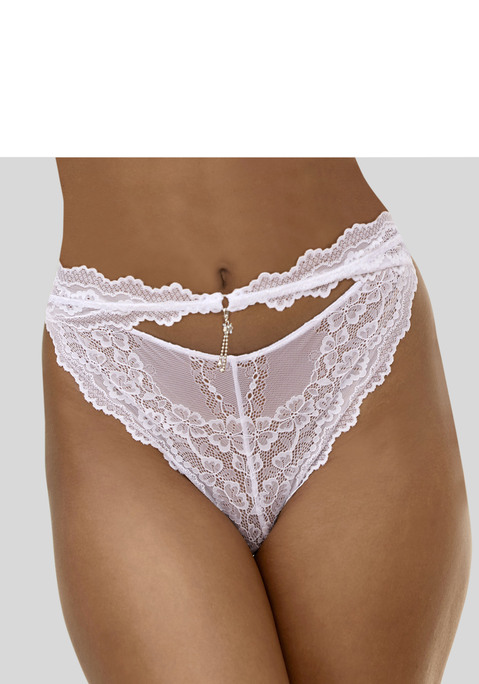 Bild: Tanga von LASCANA: Femininer Tanga in hoher Schnittform mit edlem Strasselement. Rundherum aus dezent transparenter Spitze in blumiger-Optik. Mit eingearbeitetem Baumwollzwickel. Passende BH's aus der gleichen Serie erhältlich. Mit Liebe & Leidenschaft in Hamburg kreiert. Obermaterial: 87% Polyamid, 13% Elasthan.