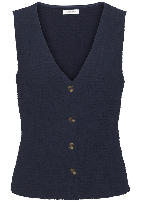 Bild: Tanktop von LASCANA: Coole Top in Westenoptik von Lascana im modischen Strukturmuster. Tiefer V-Ausschnitt und Zierknöpfe in Hornoptik. Brustabnäher für einen guten Sitz und innen liegendes Futter vorn. Figurbetonte Passform. Elastischer Jacquard.