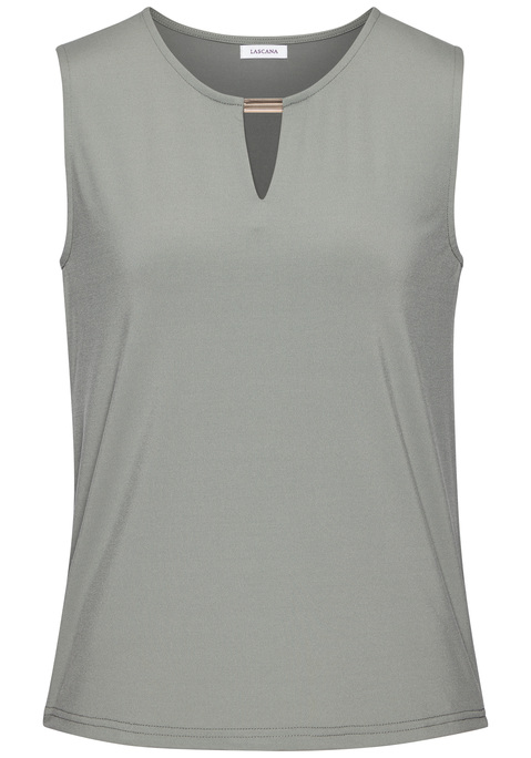 Bild: Tanktop von LASCANA: Unifarbenes Top von Lascana. Rundhalsausschnitt mit Cut-out und Schmuckdetail. Gerader Saum. Lockere Passform. Schön für leichte Sommer-Looks. Knitterarme Qualität mit leicht glänzender Optik.