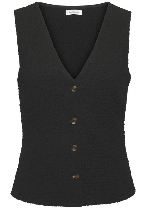 Bild: Tanktop von LASCANA: Coole Top in Westenoptik von Lascana im modischen Strukturmuster. Tiefer V-Ausschnitt und Zierknöpfe in Hornoptik. Brustabnäher für einen guten Sitz und innen liegendes Futter vorn. Figurbetonte Passform. Elastischer Jacquard.