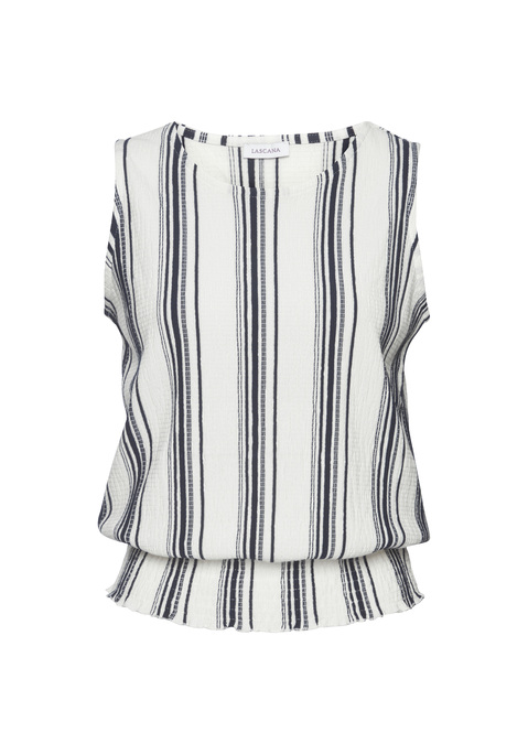Bild: Tanktop von LASCANA: Leichtes Tanktop von Lascana im sommerlichen Streifen-Look. Rundhalsausschnitt und breite Träger. Figurumspielende Passform für viel Komfort. Breites Smokbündchen am Saumabschluss. Perfekt für warme Sommertage. Aus bügelfreier, strukturierter Crêpe-Ware in Crinkle-Optik.
