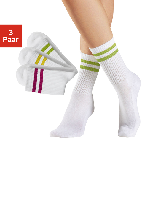 Bild: Tennissocken von LASCANA: Tennissocken von Lascana im 3er-Pack. Mit Fußfrottee und farbigen Streifen am Bündchen. Aus weicher Baumwollmischung.