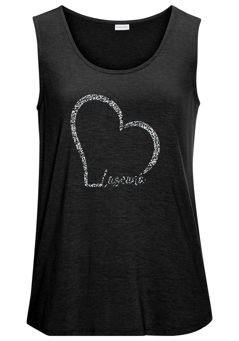 Bild: Trägertop von LASCANA: Tanktop von Lascana. Mit großem Herzprint vorn. Rundhalsausschnitt. Locker fallende Passform mit geradem Saum. Elastische, fließende Viskose-Qualität.