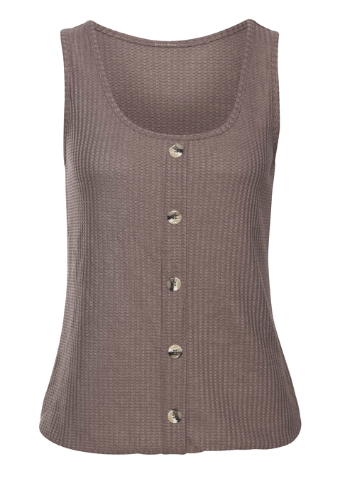 Bild: Trägertop von LASCANA: Leichtes Tanktop von Lascana mit tiefem Rundhalsausschnitt. Modische Zierknopfleiste und Knöpfe in Hornoptik. Figurnah geschnitten. Aus weicher Piqué-Qualität mit recyceltem Polyester.