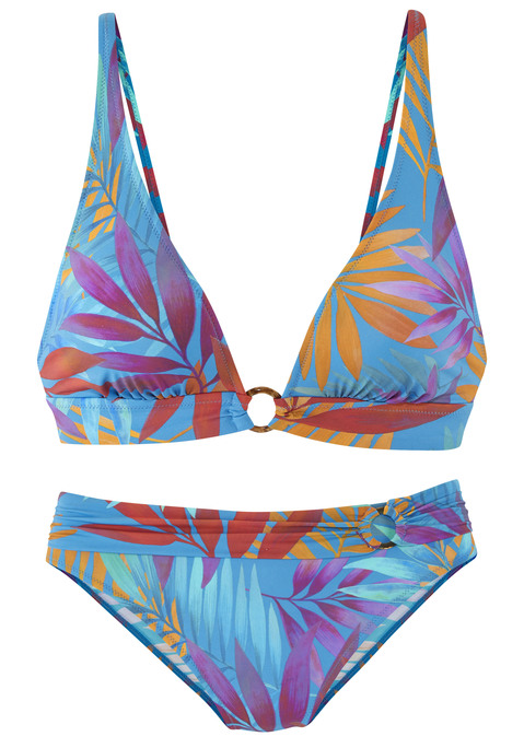 Bild: Triangel-Bikini von LASCANA: Triangel-Bikini von Lascana mit modischem Allover-Blätterdruck. Top mit herausnehmbaren Softcups und verstellbaren Trägern. Zierring zwischen den Cups. Hose mit Umschlagbund und Zierring. Softe Microfaserqualität.