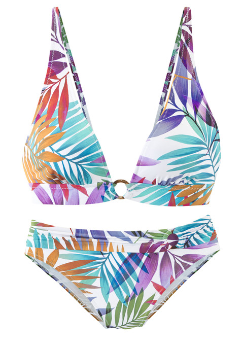 Bild: Triangel-Bikini von LASCANA: Triangel-Bikini von Lascana mit modischem Allover-Blätterdruck. Top mit herausnehmbaren Softcups und verstellbaren Trägern. Zierring zwischen den Cups. Hose mit Umschlagbund und Zierring. Softe Microfaserqualität.