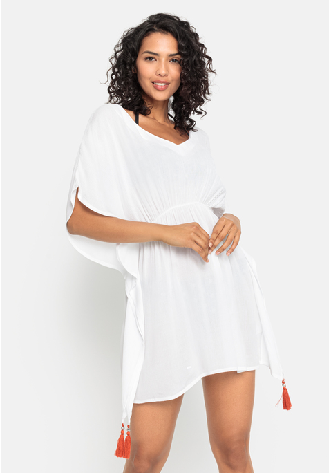 Bild: Tunika von LASCANA: Bequeme Tunika von Lascana. Luftig-leicht geschnitten mit hübschen kontrastfarbenen Zierquasten an den Seiten und weiten Ärmeln. Tiefer V-Ausschnitt. Gummizug in der Taille. Leicht transparent. Super zu Leggings. Aus gewebter Viskose.