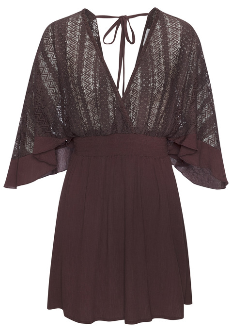 Bild: Tunikakleid von LASCANA: Leichtes Minikleid von Lascana. Oberteil aus transparenter Spitze mit Cache-coeur-Ausschnitt vorn und V-Ausschnitt im Rücken. Bindeband mit Quasten im Nacken. Weite 7/8-Ärmel. Smokeinsatz in der Taille. Für Urlaub und Freizeit. Fließende Viskose-Webware.