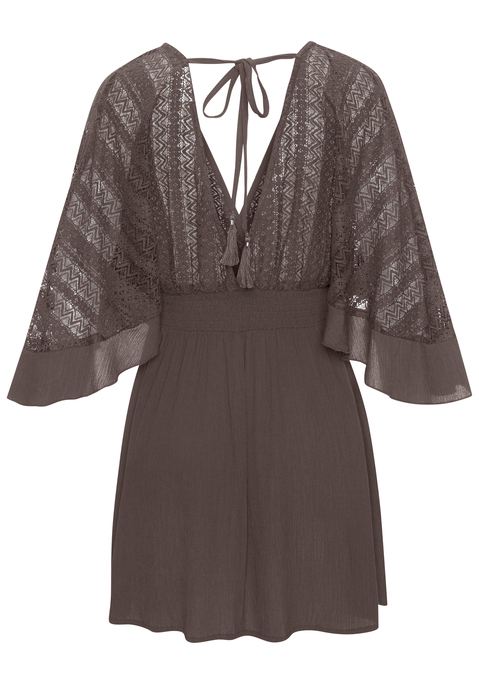 Bild: Tunikakleid von LASCANA: Leichtes Minikleid von Lascana. Oberteil aus transparenter Spitze mit Cache-coeur-Ausschnitt vorn und V-Ausschnitt im Rücken. Bindeband mit Quasten im Nacken. Weite 7/8-Ärmel. Smokeinsatz in der Taille. Für Urlaub und Freizeit. Fließende Viskose-Webware.
