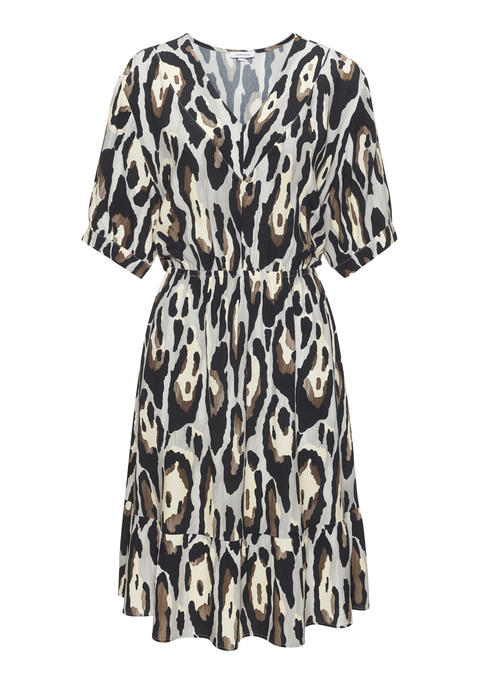 Bild: Tunikakleid von LASCANA: Tunikakleid von Lascana mit Alloverprint. Tiefer V-Ausschnitt mit Blende. Halblange Ärmel. Gummizug in der Taille. Lockere, figurumspielende Form. Volant am Rocksaum. Kniefrei. Leicht strukturierte Viskose.