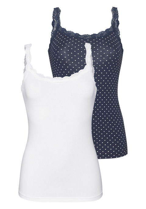 Bild: Unterhemd von LASCANA: In hochwertiger Baumwoll-Stretch-Qualität. Top mit elastischen, weichen Spitzendetails an Ausschnitt und Trägern. Länge ca. 61 cm.  Aus 95% Baumwolle, 5% Elasthan. Spitze: 87% Polyamid, 13% Elasthan.