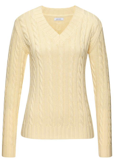 Bild: V-Ausschnitt-Pullover von LASCANA: Unifarbener Strickpullover von Lascana mit klassischem Zopfstrickmuster und tiefem V-Ausschnitt. Lange Ärmel, gerade Passform, hüftlang. Breite Rippbündchen an Ausschnitt, Ärmeln und Saum. Ideal für Herbst, Winter und kühle Frühlingstage. Weiche Strickqualität.