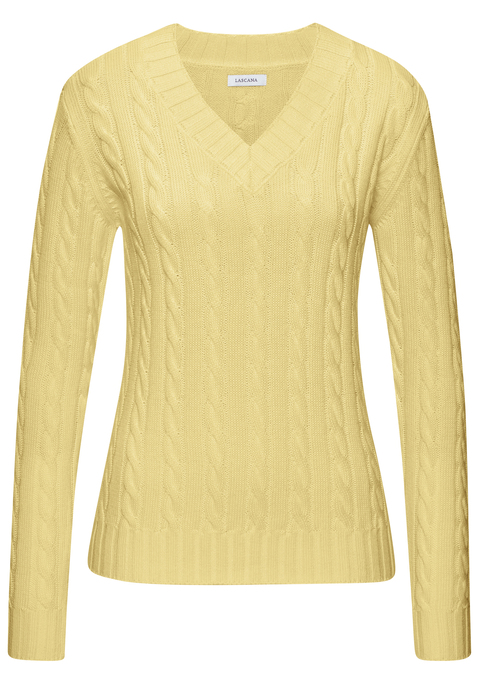Bild: V-Ausschnitt-Pullover von LASCANA: Unifarbener Strickpullover von Lascana mit klassischem Zopfstrickmuster und tiefem V-Ausschnitt. Lange Ärmel, gerade Passform, hüftlang. Breite Rippbündchen an Ausschnitt, Ärmeln und Saum. Ideal für Herbst, Winter und kühle Frühlingstage. Weiche Strickqualität.