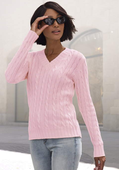 Bild: V-Ausschnitt-Pullover von LASCANA: Unifarbener Strickpullover von Lascana mit klassischem Zopfstrickmuster und tiefem V-Ausschnitt. Lange Ärmel, gerade Passform, hüftlang. Breite Rippbündchen an Ausschnitt, Ärmeln und Saum. Ideal für Herbst, Winter und kühle Frühlingstage. Weiche Strickqualität.