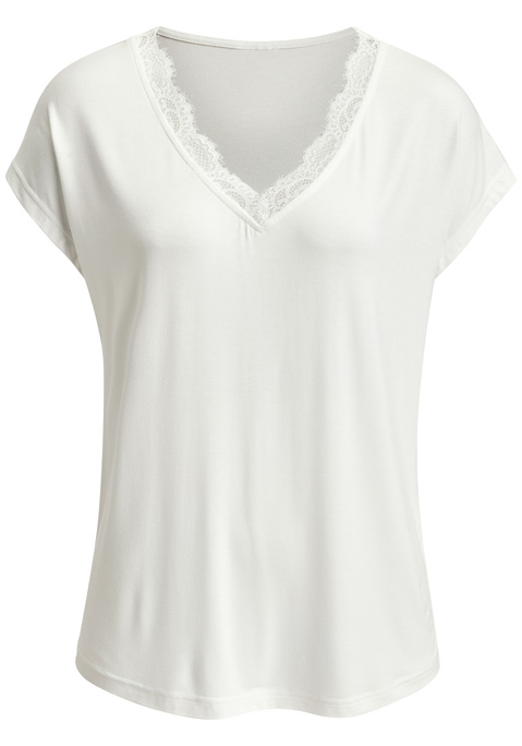 Bild: V-Shirt von LASCANA: Unifarbenes Kurzarmshirt von Lascana  mit überschnittenen Schultern für eine legere Passform. Zarte Spitze am V-Ausschnitt. Ideal für Lagen-Looks und viele verschiedene Outfits und Gelegenheiten. Weich fließende Viskose.