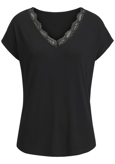 Bild: V-Shirt von LASCANA: Unifarbenes Kurzarmshirt von Lascana  mit überschnittenen Schultern für eine legere Passform. Zarte Spitze am V-Ausschnitt. Ideal für Lagen-Looks und viele verschiedene Outfits und Gelegenheiten. Weich fließende Viskose.
