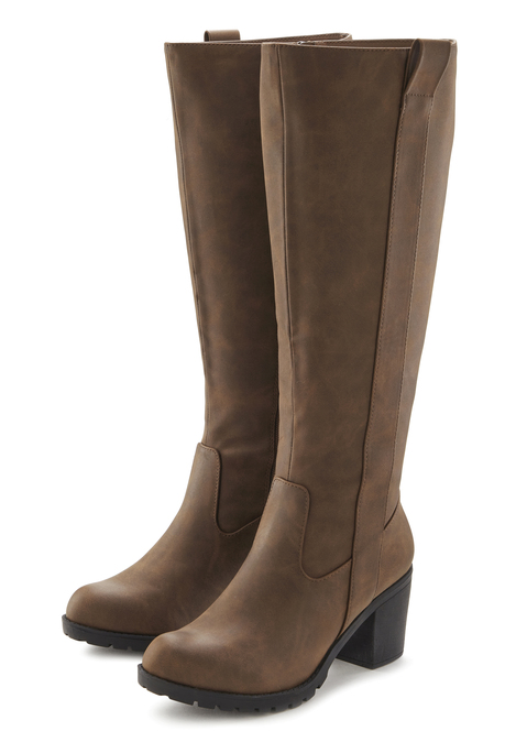 Bild: Weitschaftstiefel von LASCANA: Stiefel VEGAN von LASCANA. Absatzhöhe ca. 7 cm. Obermaterial aus Lederimitat. Futter und Decksohle aus Textil. Laufsohle aus Synthetik.