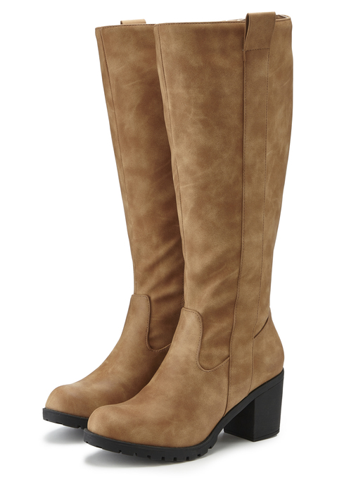 Bild: Weitschaftstiefel von LASCANA: Stiefel VEGAN von LASCANA. Absatzhöhe ca. 7 cm. Obermaterial aus Lederimitat. Futter und Decksohle aus Textil. Laufsohle aus Synthetik.