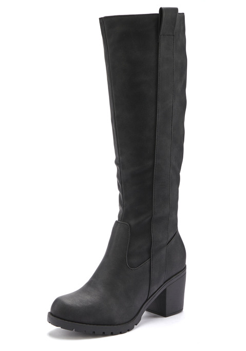 Bild: Weitschaftstiefel von LASCANA: Stiefel VEGAN von LASCANA. Absatzhöhe ca. 7 cm. Obermaterial aus Lederimitat. Futter und Decksohle aus Textil. Laufsohle aus Synthetik.