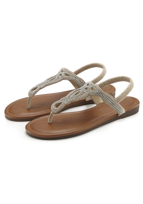 Bild: Zehentrenner von LASCANA: Sandale mit Schmucksteinen VEGAN von LASCANA. Obermaterial aus Textil. Futter und Decksohle aus Lederimitat. Laufsohle aus Synthetik.