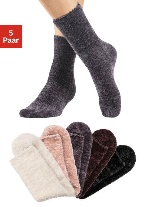 Bild: Kuschelsocken von Lavana: Socken im 5er-Pack von Lavana. Ideal als Bett- oder Sofasocken. Weich und leicht glänzend. Druckfreier Bund für rundum angenehmen Tragekomfort. Aus kuschelig-flauschigem Material.