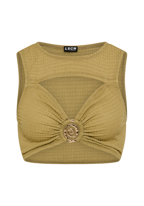 Bild: Crop-Top von LSCN by LASCANA: Trägertop von LSCN by Lascana für Strand und Freizeit. Dreieckförmiger Cut-out und goldfarbenes Detail vorne für Style mit dem gewissen Etwas. Kurzer Schnitt. Leichte, Crinkle-Qualität.
