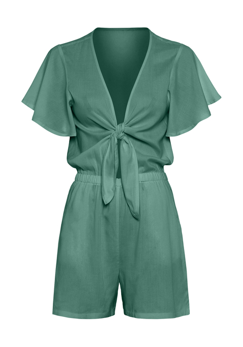 Bild: Kurzoverall von LSCN by LASCANA: Kurzoverall von LSCN by Lascana mit tiefem V-Ausschnitt und modischem Knotendetail vorne. Kurze Ärmel. Gummizug in der Taille. Aus gewebter Viskose.