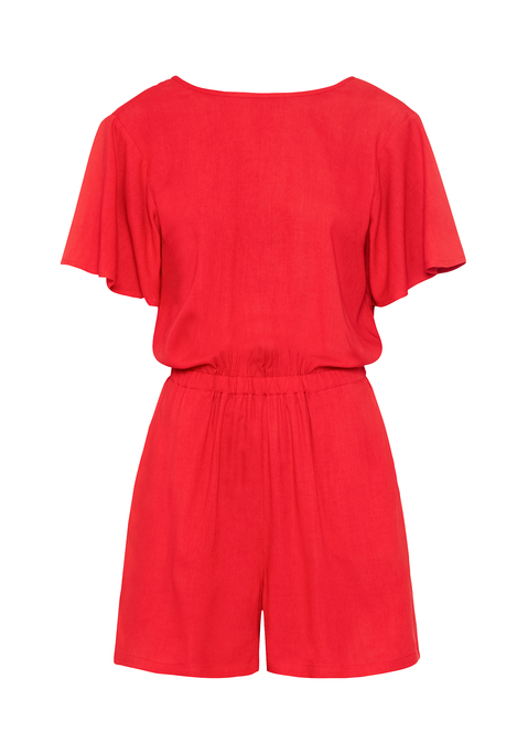 Bild: Kurzoverall von LSCN by LASCANA: Raffinierter unifarbener Kurzoverall von LSCN by Lascana mit rundem Halsausschnitt. Tiefer Rückenausschnitt mit modischem Knotendetail zum Binden. Kurze Ärmel. Gummizug in der Taille. Aus gewebter, weicher Viskose.