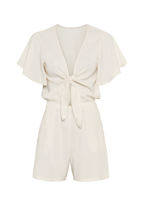 Bild: Kurzoverall von LSCN by LASCANA: Kurzoverall von LSCN by Lascana mit tiefem V-Ausschnitt und modischem Knotendetail vorne. Kurze Ärmel. Gummizug in der Taille. Aus gewebter Viskose.