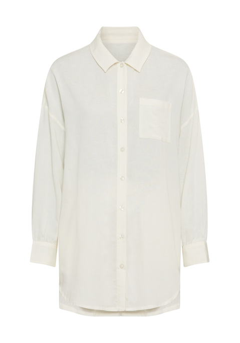 Bild: Langarmbluse von LSCN by LASCANA: Schönes Set aus Bluse und Shorts von LSCN by Lascana. Langärmelige Bluse mit überschnittenen Schultern, Knopfleiste und abgerundetem Saum. Shorts mit elastischem Bund und praktischen Seitentaschen. Trageangenehme Qualität mit Viskose.